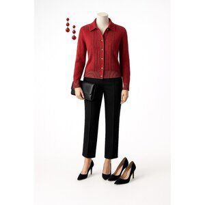 St. John By Marie Gray Red Knit Cardigan Sweater Size 12 Made In USA